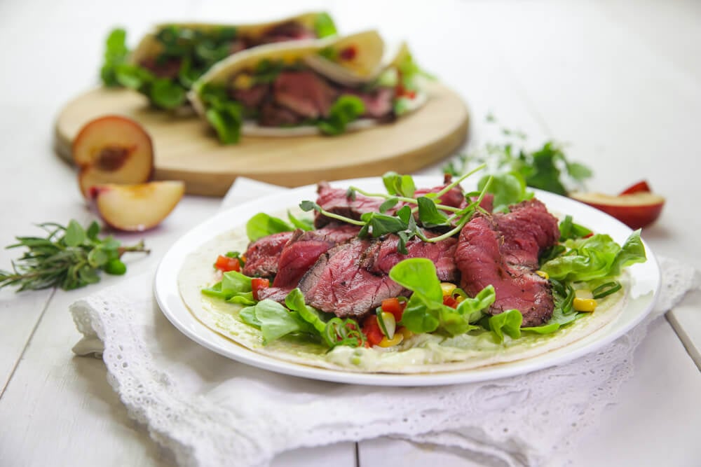 BARBECUED RUMP STEAK WRAP WITH CORN SALSA