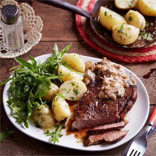 RUMP STEAK WITH MUSHROOM SAUCE AND BABY POTATOES