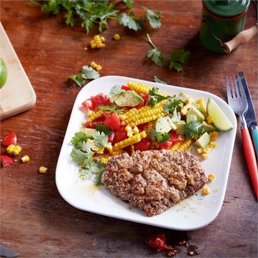 SPICY STEAKS WITH CORN, TOMATO AND AVOCADO SALSA